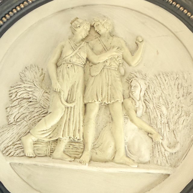 Mid 20th Century Pair of Neoclassical Figural Relief Wall Sculptures in Antiqued Gilt and Black Frames For Sale - Image 4 of 11