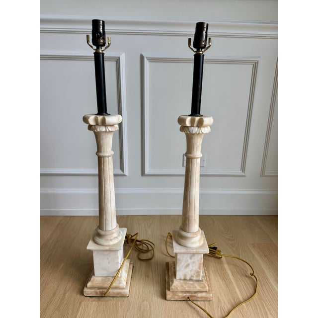 1960s 1960s Exceptional Pair of Italian Hand-Carved Alabaster Neoclassical Column Table Lamps – Newly Rewired For Sale - Image 5 of 10