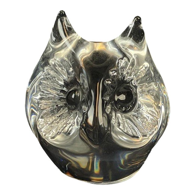 Vintage Daum France Crystal Owl Paperweight Figurine Signed Art Glass For Sale