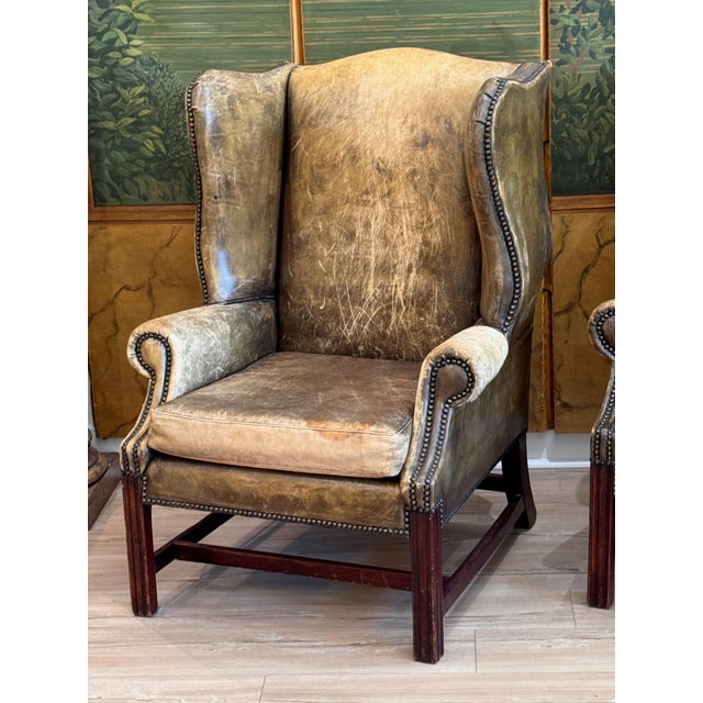 English Pair of 19th Century English Leather Wing Back Chairs For Sale - Image 3 of 12