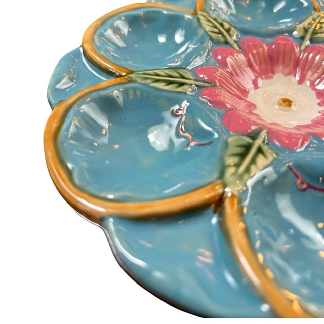 French Antique French Majolica Turquoise Water Lily Oyster Plate For Sale - Image 3 of 5