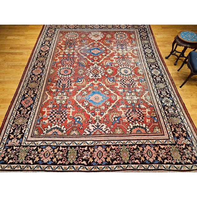 19th Century Antique Persian Mahal Sultanabad Rug, Hand-Knotted Wool, Geometric Pattern, 9x12, Red & Navy For Sale - Image 5 of 18