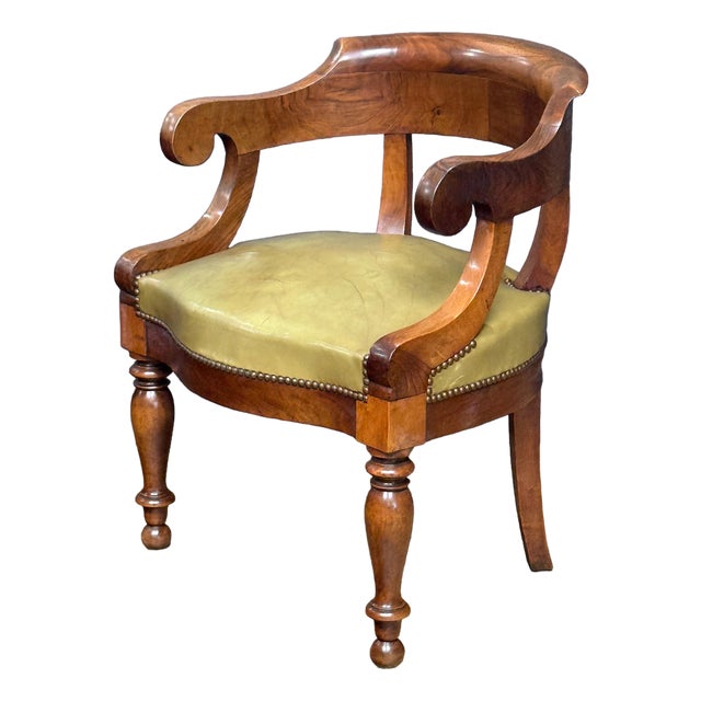 Louis Philippe Desk Armchair or Fauteuil De Bureau of Leather and Turned Walnut For Sale