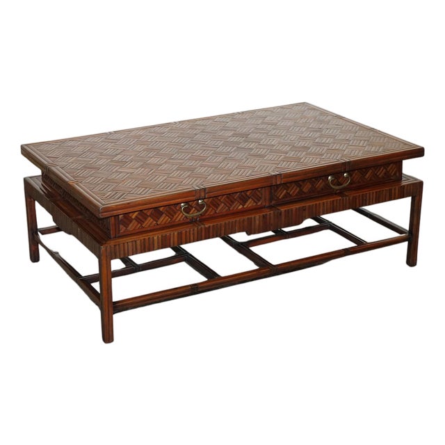 Faux Bamboo Pagoda Coffee Table with Drawers from Maitland & Clascoe, 1950s For Sale