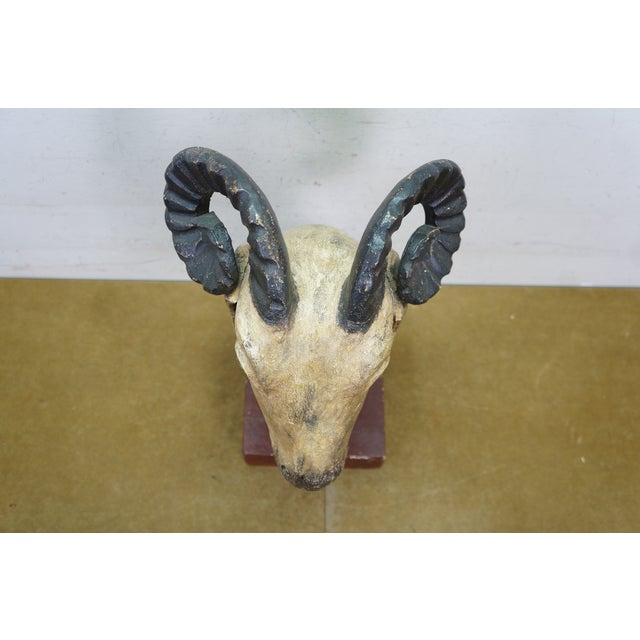 Late 20th Century Vintage Indo Persian Carved Wood Ram Head Bust Sculpture on Stand 18" For Sale - Image 5 of 16