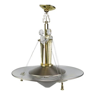 Classic Art Deco Style Crystal, Brass, Frosted Glass, and Brushed Steel Pendant Light For Sale