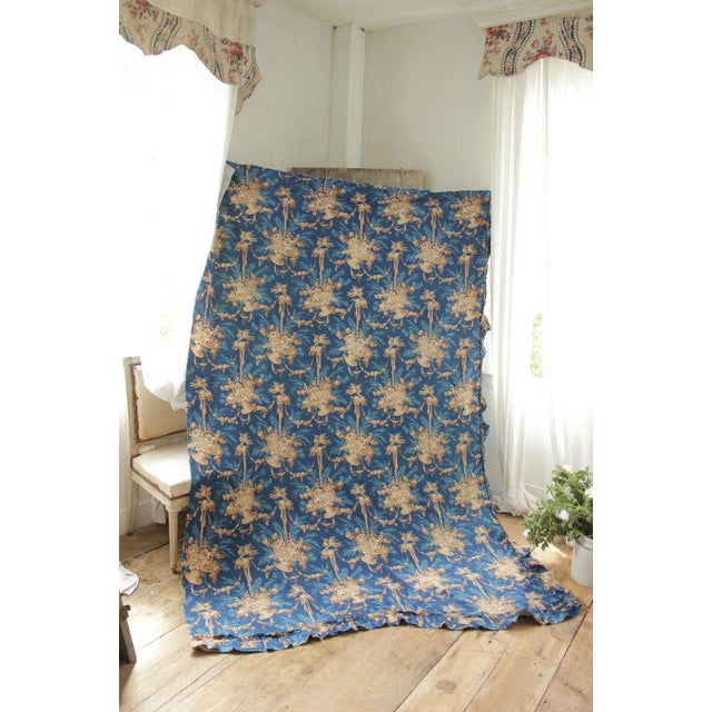 Antique French Printed Prussian Blue Fabric Curtain Panel W