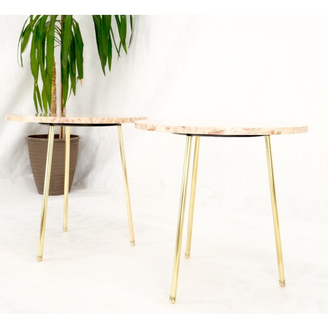 Pair Round Rouge Marble Top Tri Legged Brass Base Mid-Century Modern End Tables For Sale - Image 6 of 15