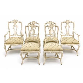 Mid-Century French Style Carved & Painted Dining Chairs Embroidered Linen - S/6 For Sale