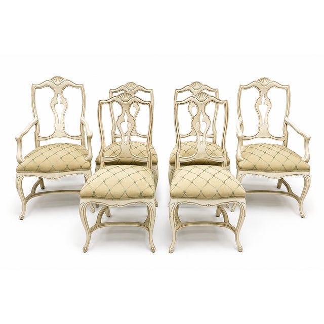 Mid-Century French Style Carved & Painted Dining Chairs Embroidered Linen - S/6 For Sale