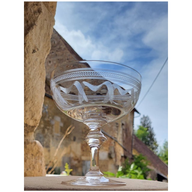 Engraved Crystal Champagne Coupes, 19th Century, 1890s, Set of 8 For Sale - Image 6 of 12