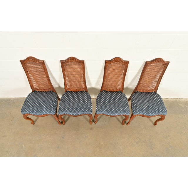 1960s Baker Furniture Style French Provincial Louis XV Carved Walnut and Cane Back Dining Chairs, Set of Four For Sale - Image 5 of 13