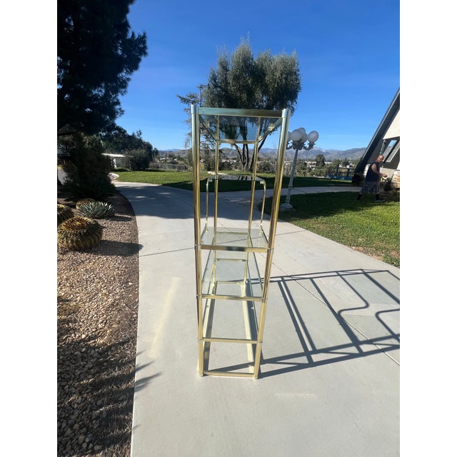 Vintage Mid Century Modern Postmodern Brass Gold Etagere 5 Shelf Bookcase Wall Unit Display Case For Sale - Image 9 of 12