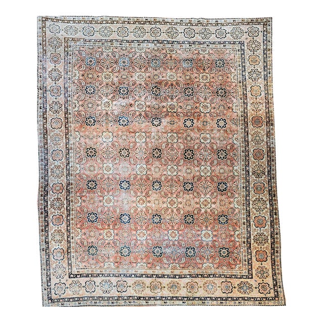 Vintage Mahal Sultanabad Rug, Hand-Knotted Wool, Geometric Pattern, 10x14, Pale Pink & Ivory For Sale