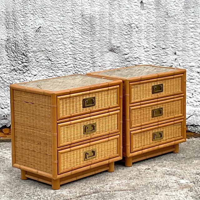 Late 20th Century Vintage Coastal Woven Rattan Nightstands a Pair