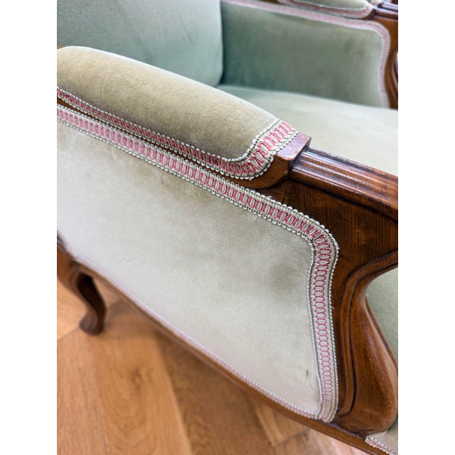 French Pair of Green Velvet Upholstered French Bergeres Armchairs For Sale - Image 3 of 7