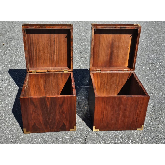 Brown Pair of Mid Century Teak Campaign Style Cubical Side Tables Chests For Sale - Image 8 of 11