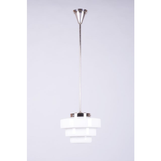 Art Deco Chandelier in Chrome-Plated Steel and Opaline Glass, Czech, 1920s For Sale - Image 10 of 10