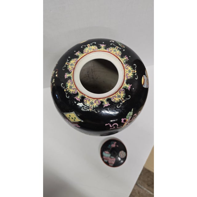 Chinese Vintage Famille Noire Ginger Jar With Vibrant Colored Designs For Sale - Image 3 of 11