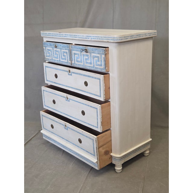 English Antique English Pine Painted Dresser Chest of Drawers With Greek Key Motif For Sale - Image 3 of 13