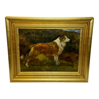 Important British c.1898 Victorian Oil Portrait of a Rough Collie Dog After John Emms Gilt Framed For Sale