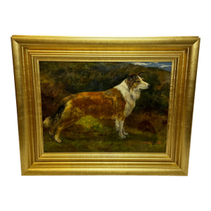 Important British c.1898 Victorian Oil Portrait of a Rough Collie Dog After John Emms Gilt Framed