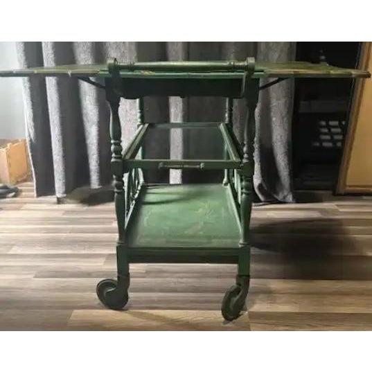 Wood Antique 1920s Paalman Furniture Co Green Drophandle Teawagon Tea Cart W/ Asian Motif For Sale - Image 7 of 10