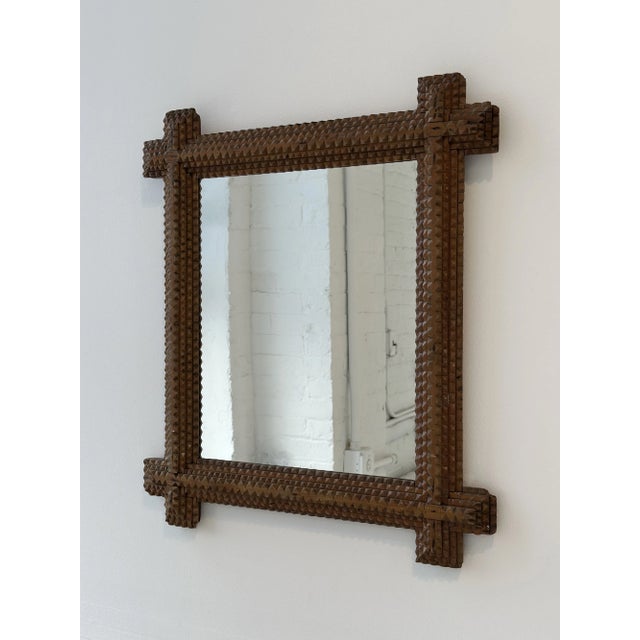 Folk Art Antique Large Scale Chip-Carved Tramp Art Framed Mirror With Crossed Corner Details, Circa Late 19th Century For Sale - Image 3 of 14
