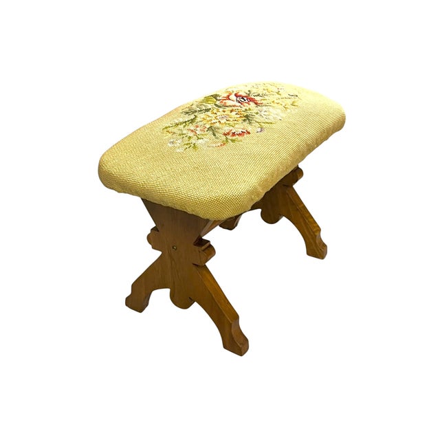 Vintage English Needlepoint Footstool With Carved Oak Base | Mid-Century Upholstered Stool For Sale - Image 14 of 18