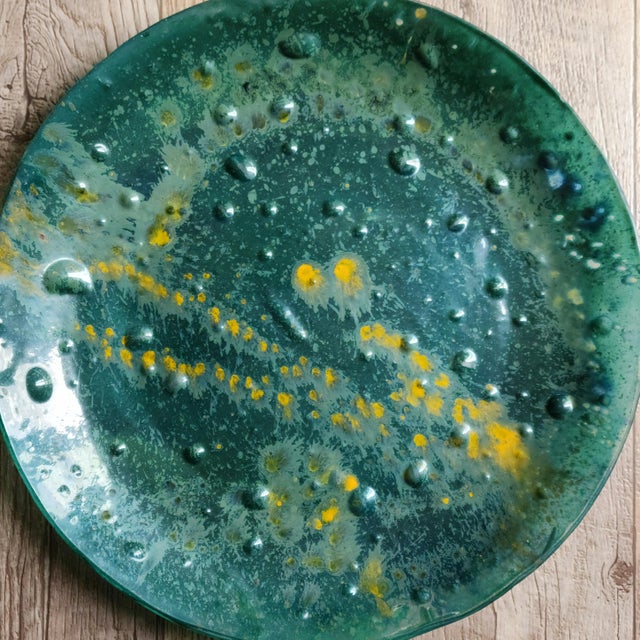 Mid 20th Century Large Blue Green Gold Art Glass Charger Plate Bowl