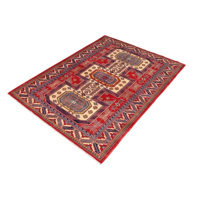 Shabby Chic 1980s Semi Vintage Sherwan Red/Blue Wool Rug -4'7" X 6'2" For Sale - Image 3 of 10