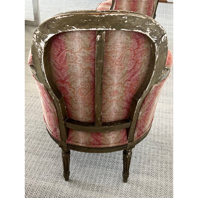 French Pair of Petit Antique Chairs With Brocade Rose Colored Striped Fabric For Sale - Image 3 of 11