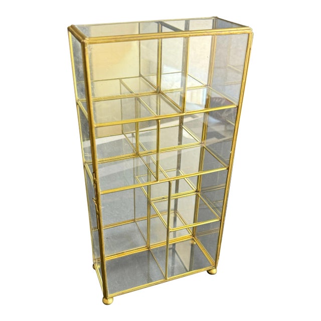 Vintage Brass & Glass Display Shelf Miniature Mirror Box For Sale