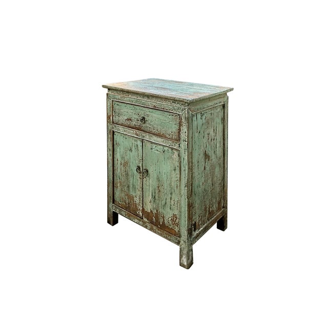 Abstract Distressed Pastel Light Green 2 Doors End Table Nightstand For Sale - Image 3 of 5
