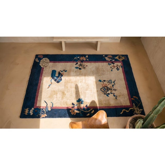 Early 20th Century 1920s Beige Floral Antique Art Deco Chinese Rug 3'2" X 5'0" Handknotted Pile Wool Carpet For Sale - Image 5 of 7