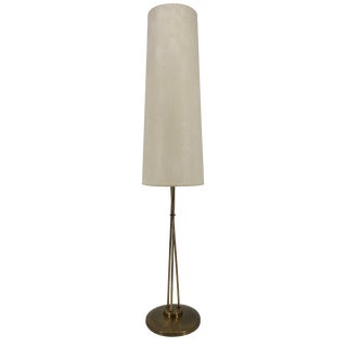 Mid-Century Floor Lamp with Brass Base and Fabric Shade, Germany, 1950s For Sale
