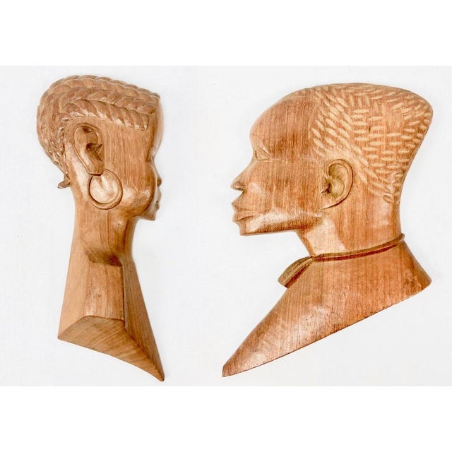 Vintage Wooden Carved African Man & Woman Wall Hanging Sculptures, Set of 2 For Sale - Image 17 of 17