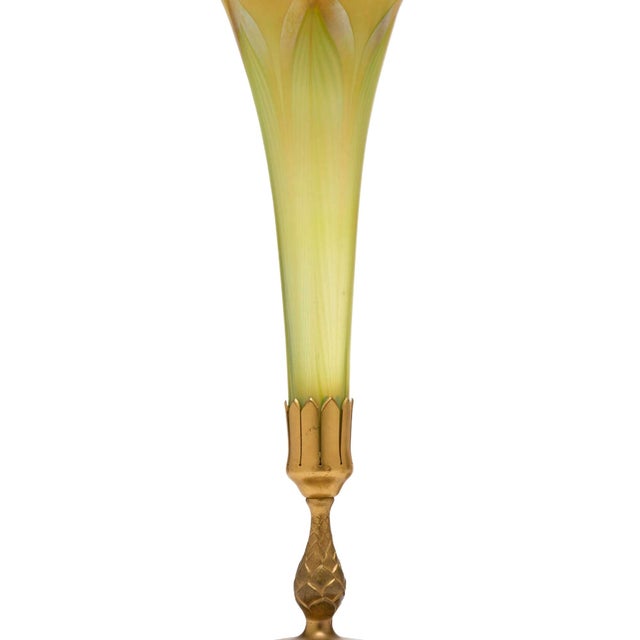 1920s 20th Century l.c. Tiffany Favrile Glass and Gilt Bronze Trumpet Vase, No. 1043 For Sale - Image 5 of 10
