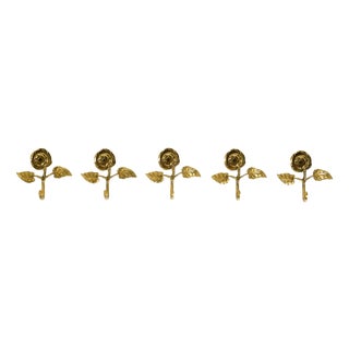 Mid-Century Brass Rose Wall Coat Hooks, 1950s, Set of 5 For Sale