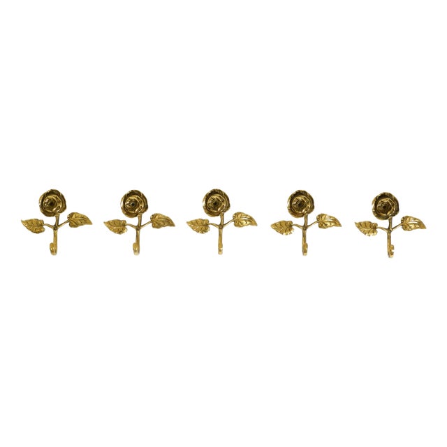 Mid-Century Brass Rose Wall Coat Hooks, 1950s, Set of 5 For Sale