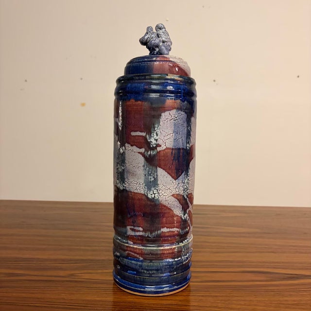 Wine Vintage Studio Pottery Jar With Lid, Indigo Oxblood and Crackle Glaze For Sale - Image 8 of 12