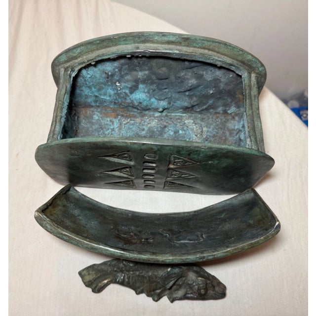 Share Large Antique Patinated Bronze Modernist Sculpture Figural Fish Dresser Box For Sale - Image 14 of 16