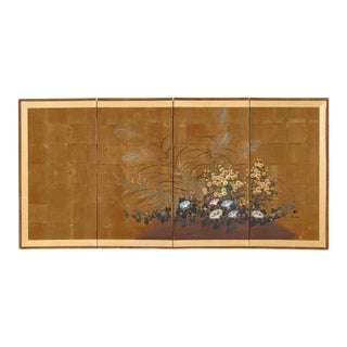 Japanese Showa Four Panel Screen Flowers With Dragonfly For Sale