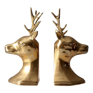 Vintage Large Brass Stag Deer Bookends Pair For Sale