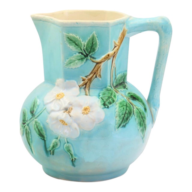Late 19th Century Large English Dogwood Blossom Majolica Water Pitcher For Sale