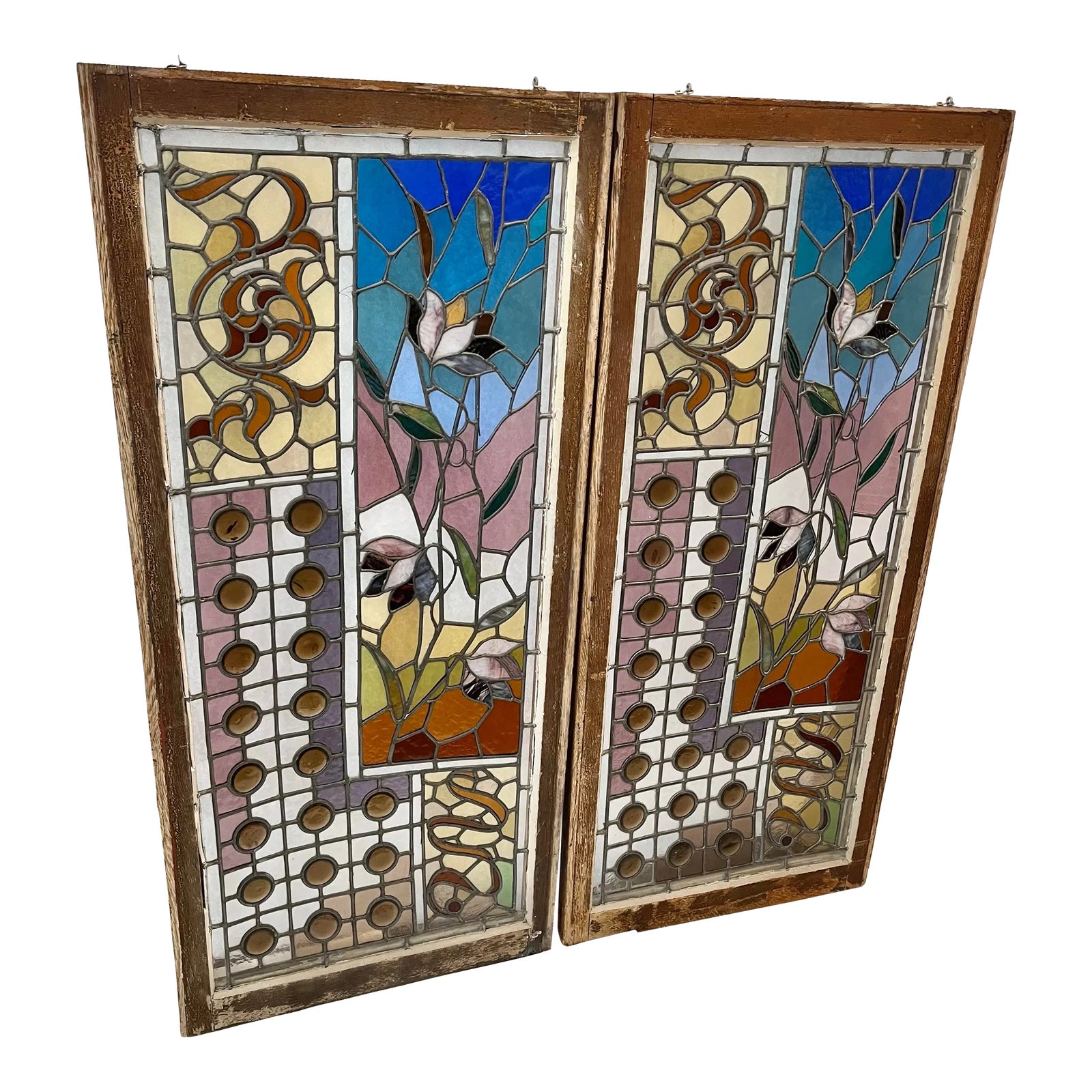 Large Pair of Victorian Stained Glass Windows in Walnut Frames | Chairish