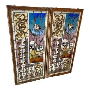 Large Pair of Victorian Stained Glass Windows in Walnut Frames