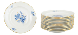 Porcelain Plates with Blue Floral Motifs and Gilt Rim from Meissen, Set of 12