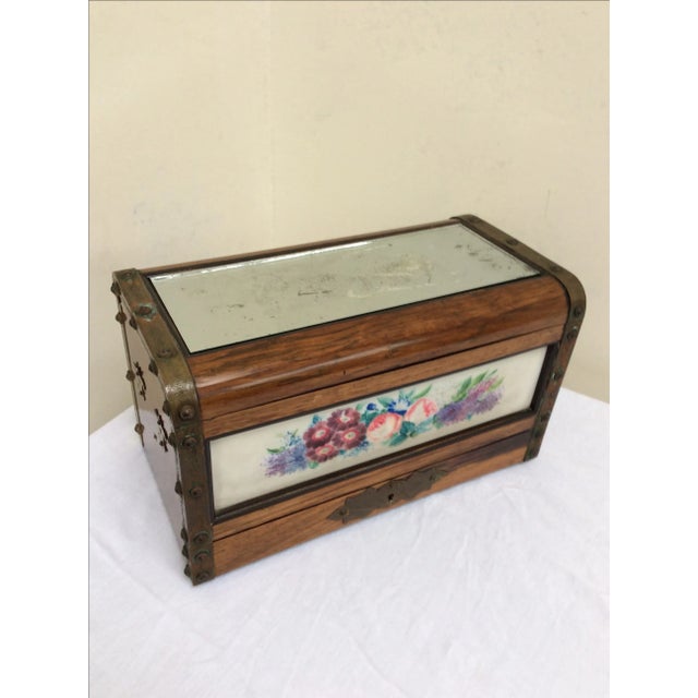 Antique rosewood, porcelain, and mirror topped box. The interior is beautifully lined and it has its original key. Great...
