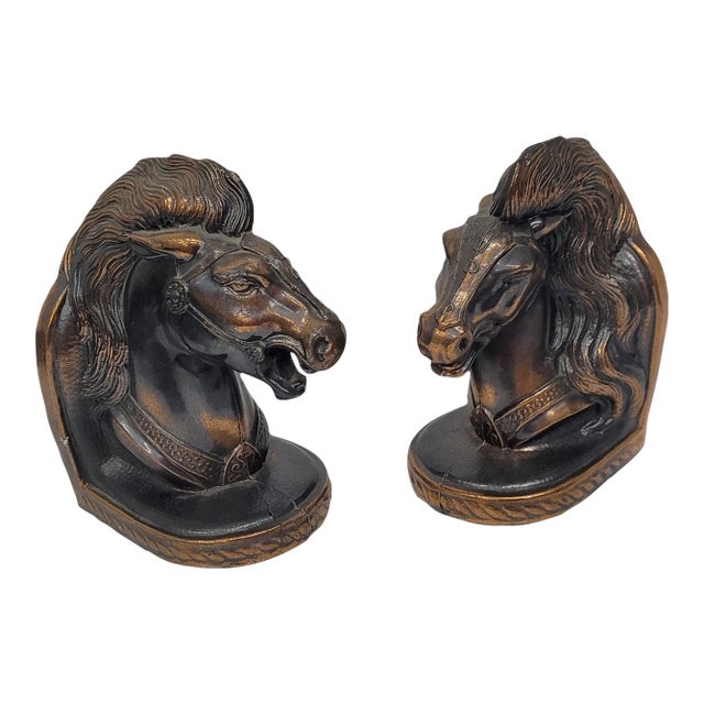 1940s Art Deco Bronze Plated Horse Bookends Vintage Trojan Horse Head Bust - Set of 2 For Sale